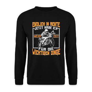 Motorrad Biker Endlich in Rente - Unisex Pullover - Schwarz - Vorne - Alina (178cm) & Michal (187cm)