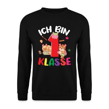 Einschulung Schulanfang Ich bin 1. Klasse - Unisex Pullover - Schwarz - Vorne - Alina (178cm) & Michal (187cm)