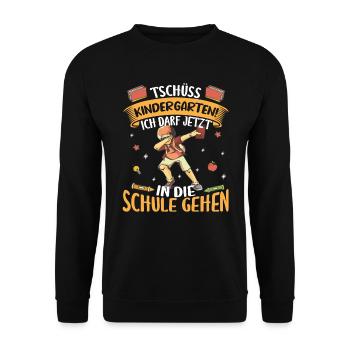 Schulkind Schulanfang Tschüss Kindergarten - Unisex Pullover - Schwarz - Vorne - Alina (178cm) & Michal (187cm)