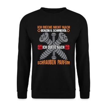 Mechaniker Schrauber Rieche nach Schrauben Parfüm - Unisex Pullover - Schwarz - Vorne - Alina (178cm) & Michal (187cm)