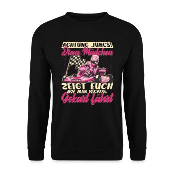 Gokart Mädchen Kartfahrerin - Unisex Pullover - Schwarz - Vorne - Alina (178cm) & Michal (187cm)