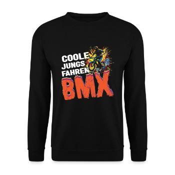 BMX Fahrrad Trick Coole Jungs fahren BMX - Unisex Pullover - Schwarz - Vorne - Alina (178cm) & Michal (187cm)