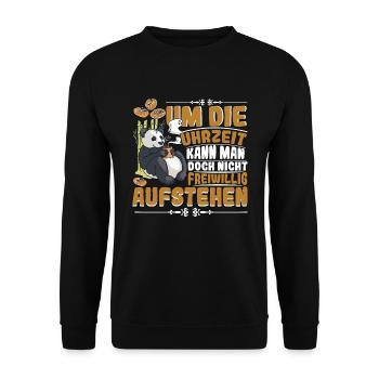 Morgenmuffel Um die Uhrzeit steht doch keiner auf - Unisex Pullover - Schwarz - Vorne - Alina (178cm) & Michal (187cm)