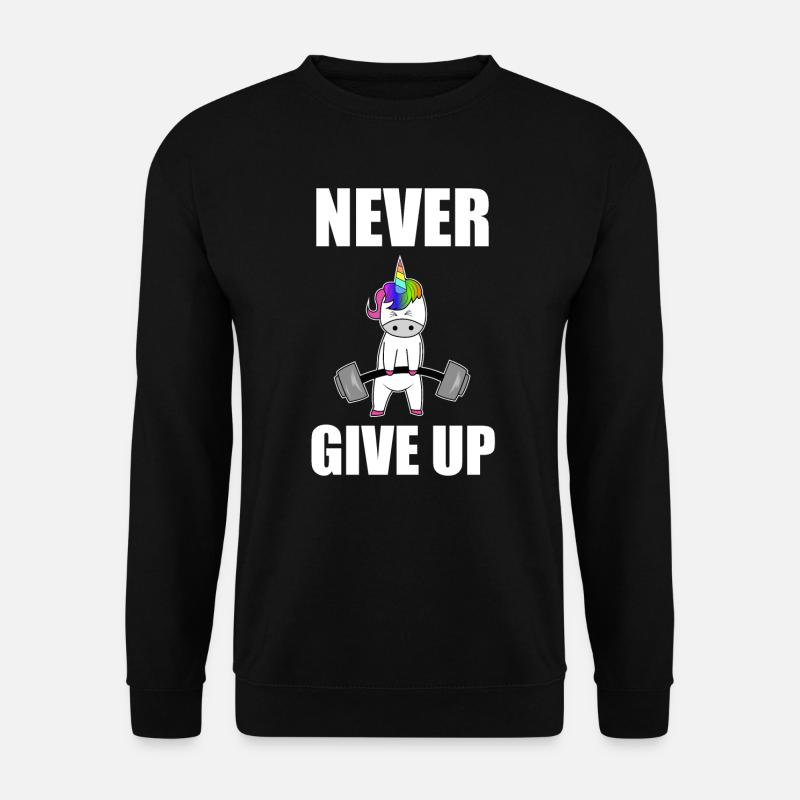Never give up Einhorn fitness workout Muskeln Gym - Unisex Pullover - Schwarz