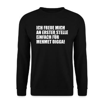 Ich freu mich an erster Stelle einfach für Mehmet - Unisex Pullover - Schwarz - Vorne - Alina (178cm) & Michal (187cm)