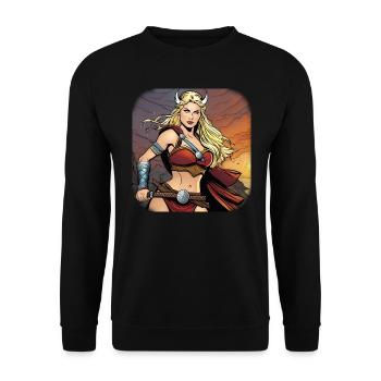 Stolze Kriegerin im Comic Style - Unisex Pullover - Schwarz - Vorne - Alina (178cm) & Michal (187cm)
