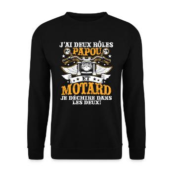 J'ai Deux Roles Papou Et Motard Je Dechire Dans - Sweat-shirt Unisexe - noir - Devant - Alina (178cm) & Michal (187cm)