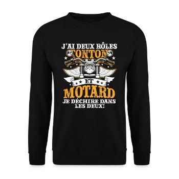 J'ai Deux Roles TONTON Et Motard Je Dechire Dans L - Sweat-shirt Unisexe - noir - Devant - Alina (178cm) & Michal (187cm)
