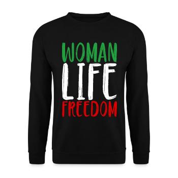 Woman Life Freedom Frau Frauen Frauenrechte Iran - Unisex Pullover - Schwarz - Vorne - Alina (178cm) & Michal (187cm)