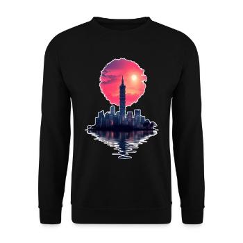 Neon Sunset – Stadt trifft Horizont - Unisex Pullover - Schwarz - Vorne - Alina (178cm) & Michal (187cm)