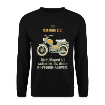 Ostalgie Moped. KI Prompt Spruch - Unisex Pullover - Schwarz - Vorne - Alina (178cm) & Michal (187cm)