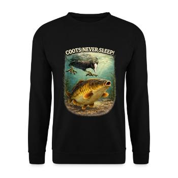 Blässhühner schlafen nie Komisches Karpfenfischen-Design - Unisex Pullover - Schwarz - Vorne - Alina (178cm) & Michal (187cm)