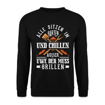 Grillmeister Geschenk Fleisch Wurst & Bier - Unisex Pullover - Schwarz - Vorne - Alina (178cm) & Michal (187cm)