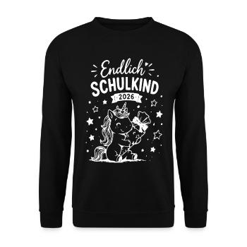 Endlich Schulkind 2026 Einhorn - Unisex Pullover - Schwarz - Vorne - Alina (178cm) & Michal (187cm)