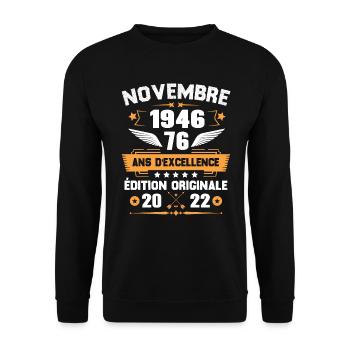Novembre 1946 Idée Cadeau D'anniversaire 76 Ans - Sweat-shirt Unisexe - noir - Devant - Alina (178cm) & Michal (187cm)