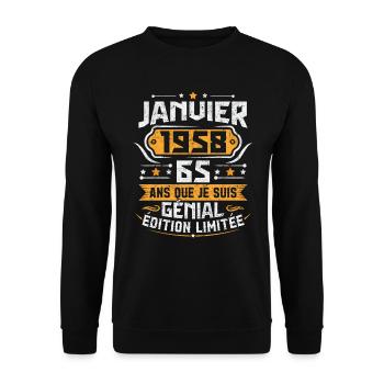 Rétro Cadeau D'anniversaire 65 Ans Janvier 1958 - Sweat-shirt Unisexe - noir - Devant - Alina (178cm) & Michal (187cm)
