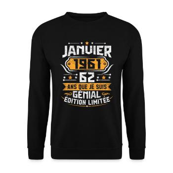 Rétro Cadeau D'anniversaire 62 Ans Janvier 1961 - Sweat-shirt Unisexe - noir - Devant - Alina (178cm) & Michal (187cm)