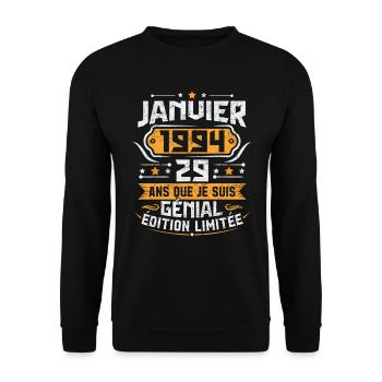 Rétro Cadeau D'anniversaire 29 Ans Janvier 1994 - Sweat-shirt Unisexe - noir - Devant - Alina (178cm) & Michal (187cm)