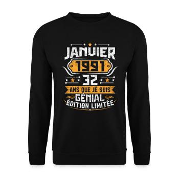 Rétro Cadeau D'anniversaire 32 Ans Janvier 1991 - Sweat-shirt Unisexe - noir - Devant - Alina (178cm) & Michal (187cm)