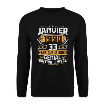Rétro Cadeau D'anniversaire 33 Ans Janvier 1990 - Sweat-shirt Unisexe - noir - Devant - Alina (178cm) & Michal (187cm)