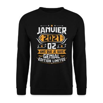 Rétro Cadeau D'anniversaire 2 Ans Janvier 2021 - Sweat-shirt Unisexe - noir - Devant - Alina (178cm) & Michal (187cm)