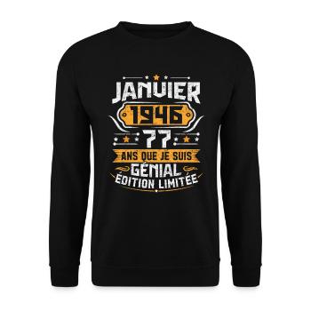 Rétro Cadeau D'anniversaire 77 Ans Janvier 1946 - Sweat-shirt Unisexe - noir - Devant - Alina (178cm) & Michal (187cm)