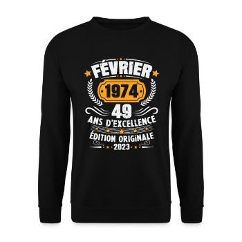Cadeau D'anniversaire 49 Ans Février 1974 Vintage - Sweat-shirt Unisexe - noir - Devant - Alina (178cm) & Michal (187cm)