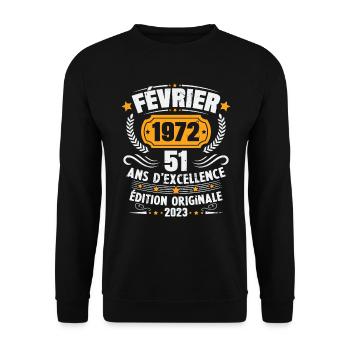 Cadeau D'anniversaire 51 Ans Février 1972 Vintage - Sweat-shirt Unisexe - noir - Devant - Alina (178cm) & Michal (187cm)