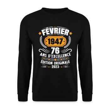 Cadeau D'anniversaire 76 Ans Février 1947 Vintage - Sweat-shirt Unisexe - noir - Devant - Alina (178cm) & Michal (187cm)
