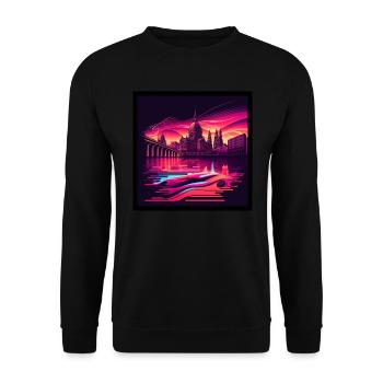Skyline von Dresden im Abendlicht Vaporwave Optik - Unisex Pullover - Schwarz - Vorne - Alina (178cm) & Michal (187cm)