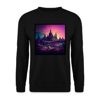 Skyline von Dresden im Abendlicht Vaporwave Optik - Unisex Pullover - Schwarz - Vorne - Alina (178cm) & Michal (187cm)