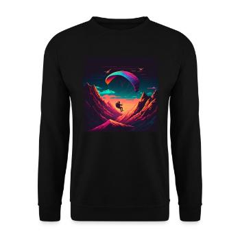 Vaporwave Stil, Gleitschirmflug in der Natur - Unisex Pullover - Schwarz - Vorne - Alina (178cm) & Michal (187cm)
