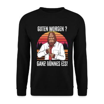 Guten Morgen - Ganz dünnes Eis Spruch Kaffee - Unisex Pullover - Schwarz - Vorne - Alina (178cm) & Michal (187cm)