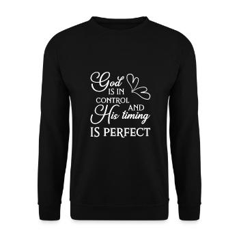 Christliches Design Gott hat die Kontrolle und sein Timing - Unisex Pullover - Schwarz - Vorne - Alina (178cm) & Michal (187cm)