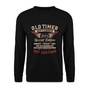 Oldtimer September 1973 Jahrgang Geburtstag - Unisex Pullover - Schwarz - Vorne - Alina (178cm) & Michal (187cm)