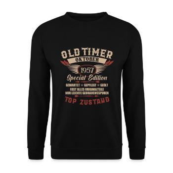 Oldtimer Oktober 1957 Jahrgang Geburtstag - Unisex Pullover - Schwarz - Vorne - Alina (178cm) & Michal (187cm)
