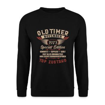 Oldtimer November 1973 Jahrgang Geburtstag - Unisex Pullover - Schwarz - Vorne - Alina (178cm) & Michal (187cm)