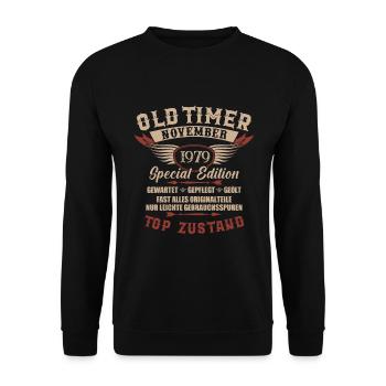 Oldtimer November 1979 Jahrgang Geburtstag - Unisex Pullover - Schwarz - Vorne - Alina (178cm) & Michal (187cm)