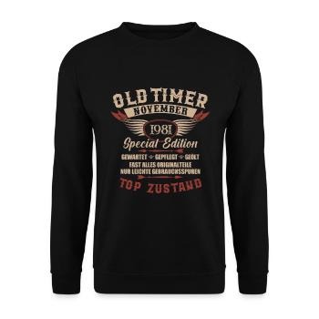 Oldtimer November 1981 Jahrgang Geburtstag - Unisex Pullover - Schwarz - Vorne - Alina (178cm) & Michal (187cm)