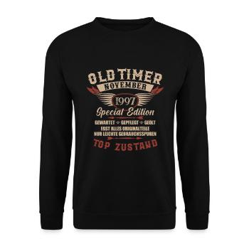 Oldtimer November 1997 Jahrgang Geburtstag - Unisex Pullover - Schwarz - Vorne - Alina (178cm) & Michal (187cm)