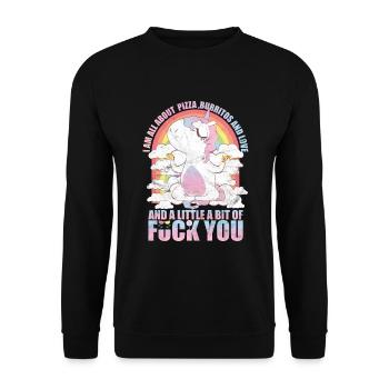 Süßes Einhorn Pizza Und Liebe T-Shirt - Unisex Pullover - Schwarz - Vorne - Alina (178cm) & Michal (187cm)