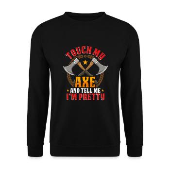 Berühre meine Axt lustiges Axt-Wurfbeil - Unisex Pullover - Schwarz - Vorne - Alina (178cm) & Michal (187cm)