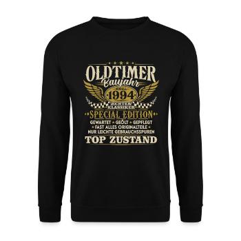 Oldtimer Baujahr 1994 Jahrgang Geburtstag Geschenk - Unisex Pullover - Schwarz - Vorne - Alina (178cm) & Michal (187cm)