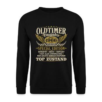 Oldtimer Baujahr 1966 Jahrgang Geburtstag Geschenk - Unisex Pullover - Schwarz - Vorne - Alina (178cm) & Michal (187cm)