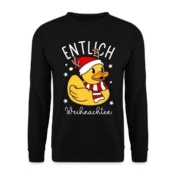 Ente Lustiger Spruch (Endlich) ENTlich Weihnachten - Unisex Pullover - Schwarz - Vorne - Alina (178cm) & Michal (187cm)