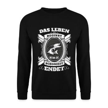 Angeln -Das Leben beginnt wenn die Schonzeit endet - Unisex Pullover - Schwarz - Vorne - Alina (178cm) & Michal (187cm)