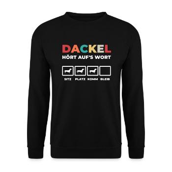 Dackel hört aufs Wort - Unisex Pullover - Schwarz - Vorne - Alina (178cm) & Michal (187cm)