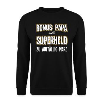 Bonus Papa weil Superheld auffällig - Unisex Pullover - Schwarz - Vorne - Alina (178cm) & Michal (187cm)