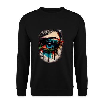 Psychedelisches Auge mit bunten Airbrush Details - Unisex Pullover - Schwarz - Vorne - Alina (178cm) & Michal (187cm)