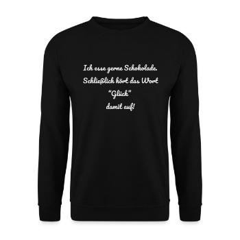 Ich esse gerne Schokolade. T-Shirt Sprüche - Unisex Pullover - Schwarz - Vorne - Alina (178cm) & Michal (187cm)